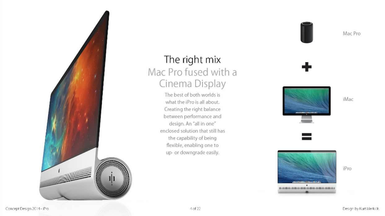 iMac i MacPro w jednym ciekawostki Wizja, MacPro, koncept, iPro, iMac, Apple  iMac jak wiemy i nie ma co tego ukrywać  jest jednym z najładniejszych komputerów na świecie. Jego znakomity design sprawia, że jest pożądany przez wiele osób. iPro5 1243x700