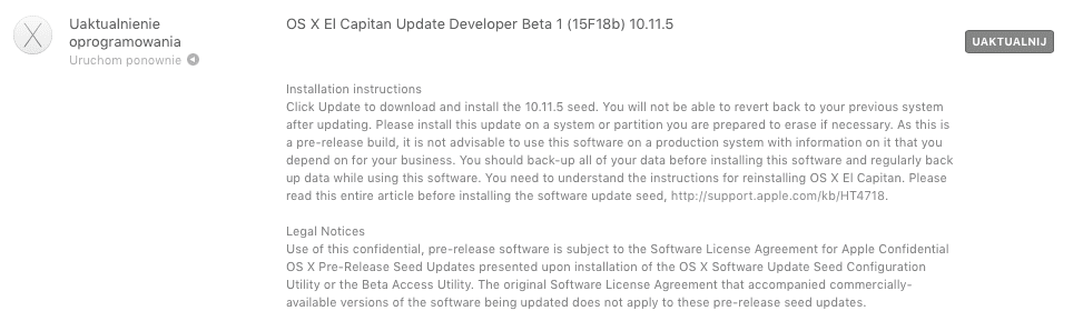 Apple udostępniło OS X El Capitan 10.11.5 beta 1 ciekawostki Update, OS X El Capitan 10.11.5 beta 1, lista zmian, jak zainstalować OS X El Capitan 10.11.5 beta 1, co nowego w OS X El Capitan 10.11.5 beta 1, Aktualizacja  Dziś oprócz iOS 9.3.2 beta 1 i watchOS 2.2.1 beta 1, Apple udostępniło deweloperom także pierwszą betę OS X 10.11.5 El Capitan. Co zostało zmienione? Zrzut ekranu 2016 04 06 o 19.10.32