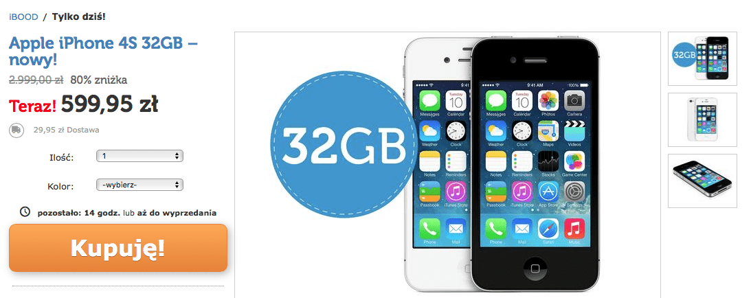 iPhone 4S 32GB dziś w iBood za jedyne 599,95 zł ciekawostki Przecena, Promocja, nowy iPhone 4s, iPhone 4s, iPhone, iBood, Apple  Jeżeli chcielibyście sobie kupić nowego iPhone'a 4S to dziś jest ku temu idealna okazja. Wszystko za sprawą iBood. Zrzut ekranu 2016 04 13 o 09.19.53