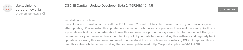Apple udostępniło OS X El Capitan 10.11.5 beta 2 ciekawostki Update, OS X El Capitan 10.11.5 beta 2, lista zmian, jak zainstalować OS X El Capitan 10.11.5 beta 2, co nowego w OS X El Capitan 10.11.5 beta 2, Aktualizacja  Dziś oprócz iOS 9.3.2 beta 2, Apple udostępniło deweloperom także drugą betę OS X 10.11.5 El Capitan. Co zostało zmienione? Zrzut ekranu 2016 04 20 o 19.05.44