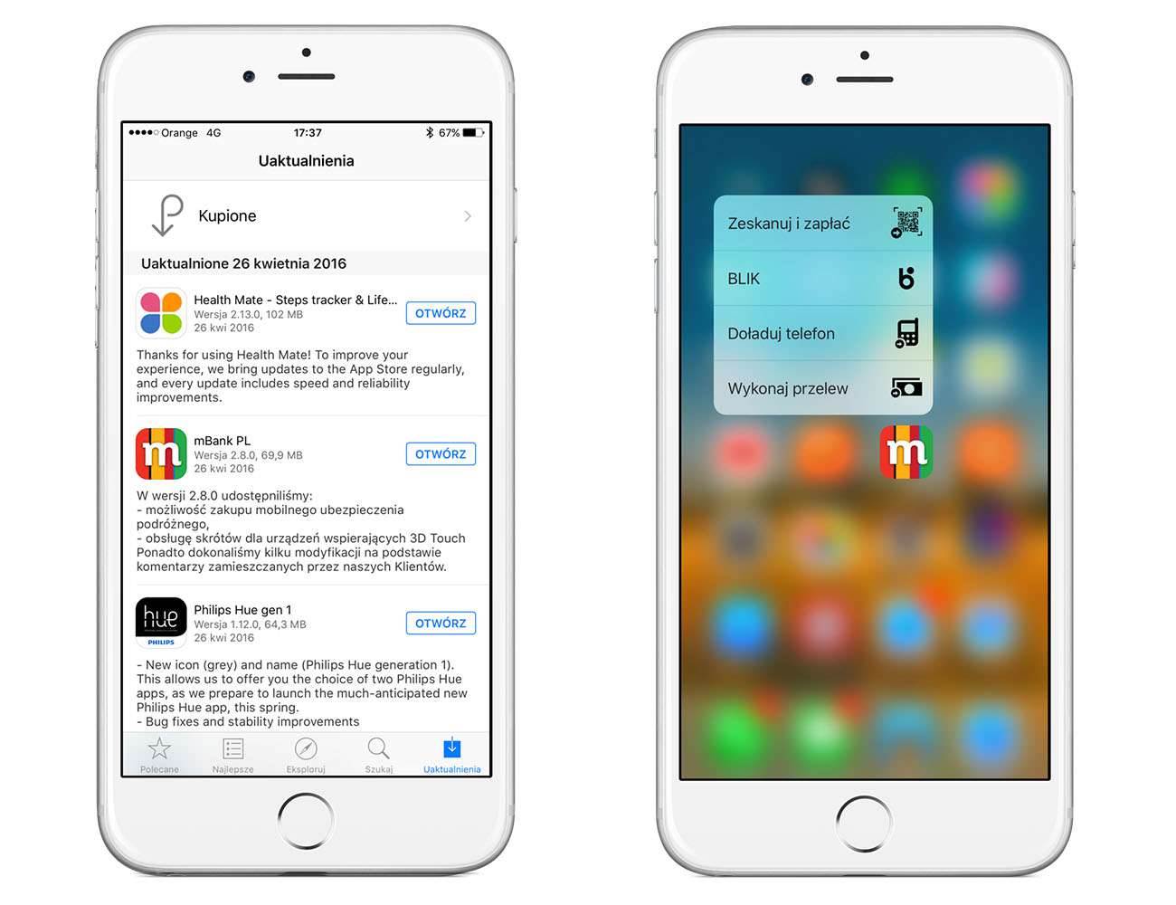 mBank aktualizuje swoją aplikację i dodaje wsparcie dla 3D Touch aktualizacje mbank na iPhone, mbank na iOS, mbank i wsparcie 3d touch, mbank, iPhone 6s, Apple, Aktualizacja  Dobra wiadomość dla wszystkich użytkowników mBank. Właśnie w App Store pojawiła się nowa wersja aplikacji, która w szczególności ucieszy posiadaczy iPhone 6s i 6s Plus. mbank