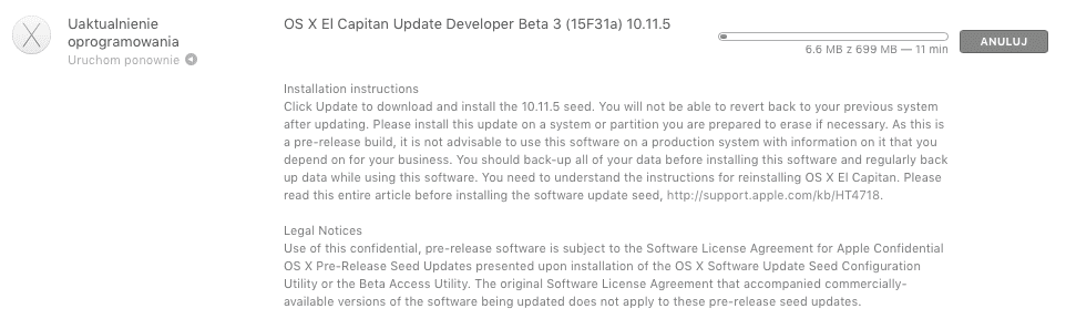 Apple udostępniło OS X El Capitan 10.11.5 beta 4 ciekawostki Update, OS X El Capitan 10.11.5 beta 4, lista zmian, co nowego w OS X El Capitan 10.11.5 beta 4, Aktualizacja  Dziś oprócz bety iOS 9.3.2 deweloperzy otrzymali także czwartą betę OS X El Capitan 10.11.5. Zrzut ekranu 2016 05 03 o 19.05.56
