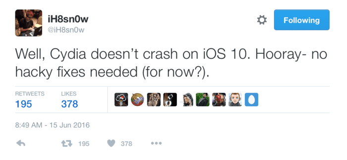 Na iOS 10 beta 1 Cydia działa bezbłędnie ciekawostki jailbreak, iOS 10, cydia na iOS 10, Cydia, Apple  Dziś ih8sn0w podzielił się ze swoimi ?fanami? na Twitterze interesującą wiadomością. Wygląda na to, że Cydia działa idealnie na iOS 10 i nie trzeba wprowadzać żadnych poprawek (przynajmniej na tę chwilę). RVAn3Rt