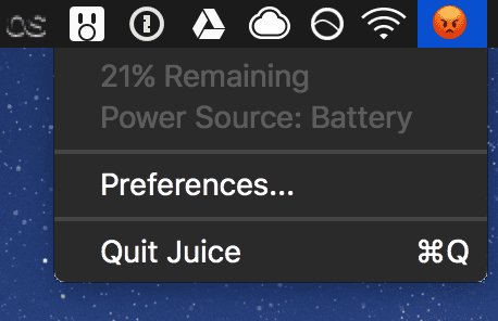 Juice - przywracamy wyświetlanie pozostałego czasu pracy na baterii w macOS polecane, ciekawostki wskaznik baterii w nowym macbook pro, macbook pro 2016, Komputer, bateria, Apple  Osobiście nie korzystam z MacBooków, ale sądzę, że usunięcie wskaźnika pozostałego czasu pracy na baterii to niezbyt dobre posunięcie ze strony Apple.
 juice for mac 01
