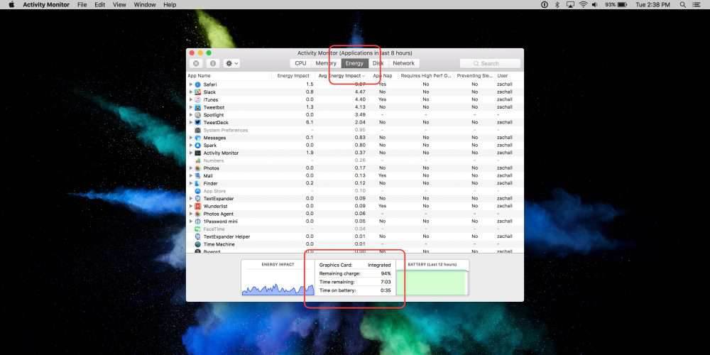 Wskaźnik czasu działania baterii w macOS Sierra 10.12.2 jest dostępny w monitorze aktywności ciekawostki wskaźnik baterii w macOS Sierra 10.12.2, MacBook, bateria w macos, bateria  Najnowsza wersja macOS Sierra 10.12.2 jest pozbawiona wskaźnika czasu działania baterii, ale na szczęście można sprawdzić to w inny sposób, wystarczy wybrać monitor aktywności, zamiast sięgać po oprogramowanie firm trzecich. time remaining battery