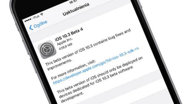 iOS 10.3 beta 4 dostępna polecane, ciekawostki zmiany, Update, OTA, lista zmian w iOS 10.3 beta 4, iOS 10.3 beta 4, co nowego w iOS 10.3 beta 4, Apple, Aktualizacja  Tydzień po udostępnieniu iOS 10.3 beta 3, właśnie Apple udostępniło deweloperom czwartą betę najnowszego iOS. Poniżej tradycyjnie znajdziecie naszą listę zmian. iOS103b4 650x350