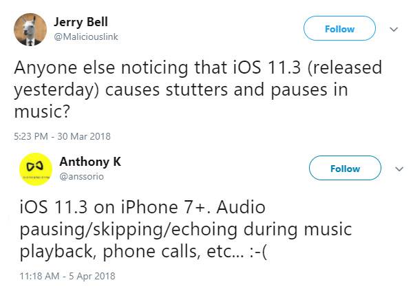 iOS 11.3 nie jest bez skazy. Wielu użytkowników skarży się na problemy z dźwiękiem polecane, ciekawostki problem z dzwiękiem iOS 11.3, iOS 11.3, Apple  Podczas używania kompilacji testowej iOS 11.3 na swoim iPhonie 6 Plus nie zauważyłem problemów z dźwiękiem podczas odsłuchu utworów lub wykonywania połączeń. 2018 04 17