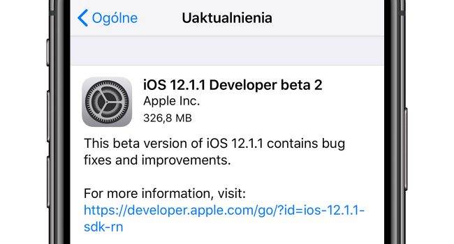 iOS 12.1.1 beta 2 dostępna polecane, ciekawostki zmiany, Update, OTA, lista zmian, iOS 12.1.1 beta 2, co nowego w iOS 12.1.1 beta 2, co nowego, Apple, Aktualizacja  Czekacie na iOS 12.1.1 beta 2? Jeśli tak to mamy świetne wiadomości. Właśnie Apple udostępniło deweloperom drugą betę iOS 12.1.1. iOS1211b2 650x350