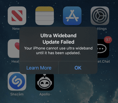 Użytkownicy iPhone 11 / 11 Pro mają nowe problemy polecane, ciekawostki Ultra Ultraband Update Failed, U1, iPhone 11 Pro, iPhone 11, błąd  Wygląda na to, że smartfony Apple mają problem z układem U1. Nowi użytkownicy iPhone'a skarżą się na błąd Ultra Ultraband Update Failed.  blad 403x350