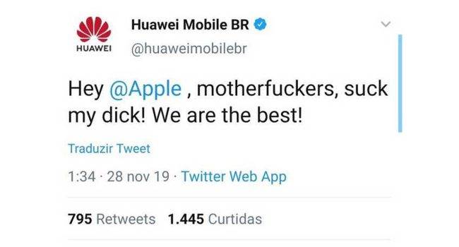 Hakerzy włamali się na Twitter brazylijskiego oddziału firmy Huawei i obrazili Apple polecane, ciekawostki konto Twitter Huawei zhakowane, Huawei  29 listopada oficjalne konto firmy Huawei Mobile Brazil na Twitterze zostało zhakowane. Atakujący wyśmiewali rabaty w Czarny piątek i obrażali Apple.
 H22 650x350