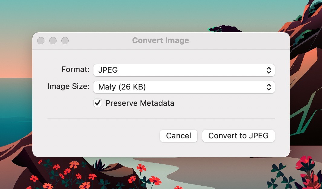 Konwertuj obrazek - przydatna funkcja w macOS 12 o której mało kto wie poradniki, ciekawostki macOS 12, Konwertuj obrazek  MacOS Monterey wprowadza możliwość kompresji rozmiaru zdjęć. Można to zrobić za pomocą menu szybkie czynności. Jet to nowość o której mało kto wie. szybkie1