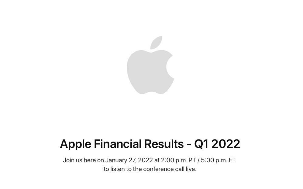 Apple poinformuje o dochodach za Q1 2022 r. pod koniec stycznia ciekawostki   Apple ogłosi przychody za pierwszy kwartał fiskalny 2022 r. pod koniec stycznia. Taka informacja pojawiła się w dniu wczorajszym w sieci. wuniki 1