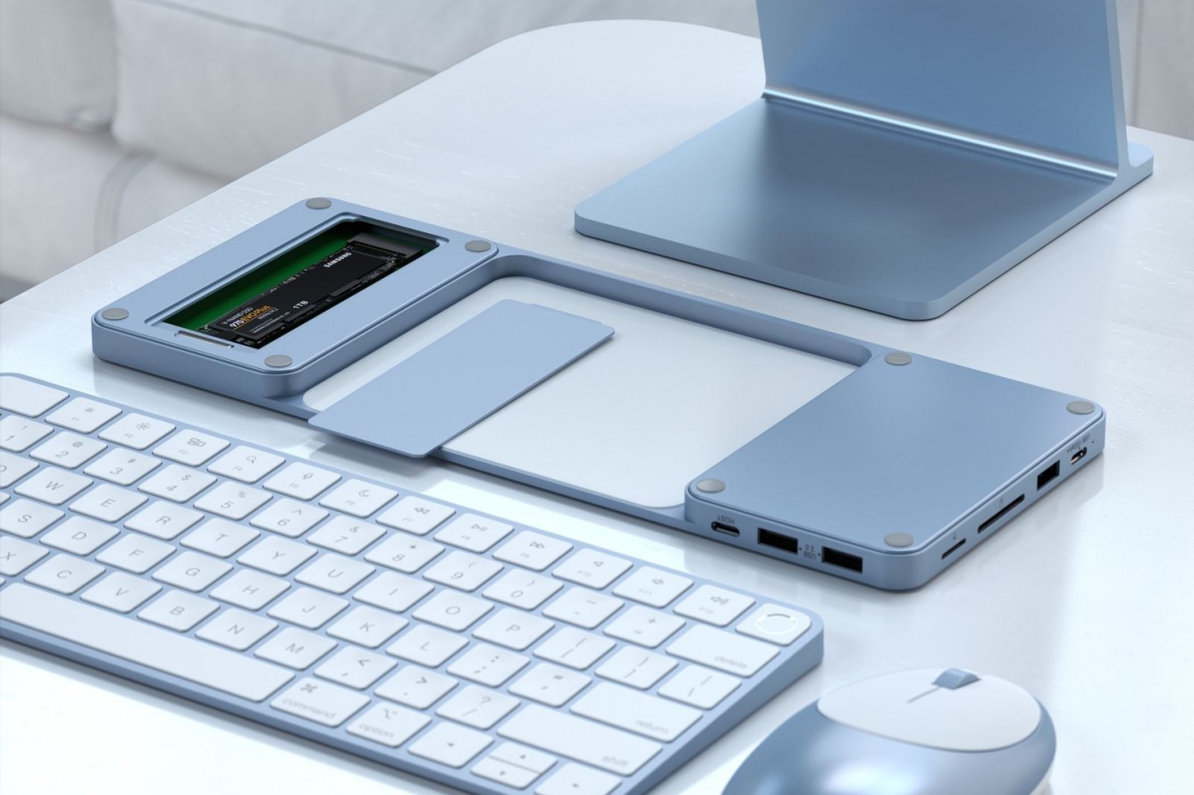 Satechi przedstawił nową stację dokującą do 24-calowego iMaca ciekawostki Satechi, iMac  Amerykański producent akcesoriów Satechi wypuścił stację dokującą Slim Dock z wbudowaną kieszenią na napęd NVMe dla 24-calowego iMaca. satechi imac keyboard combo blue 3 rev1