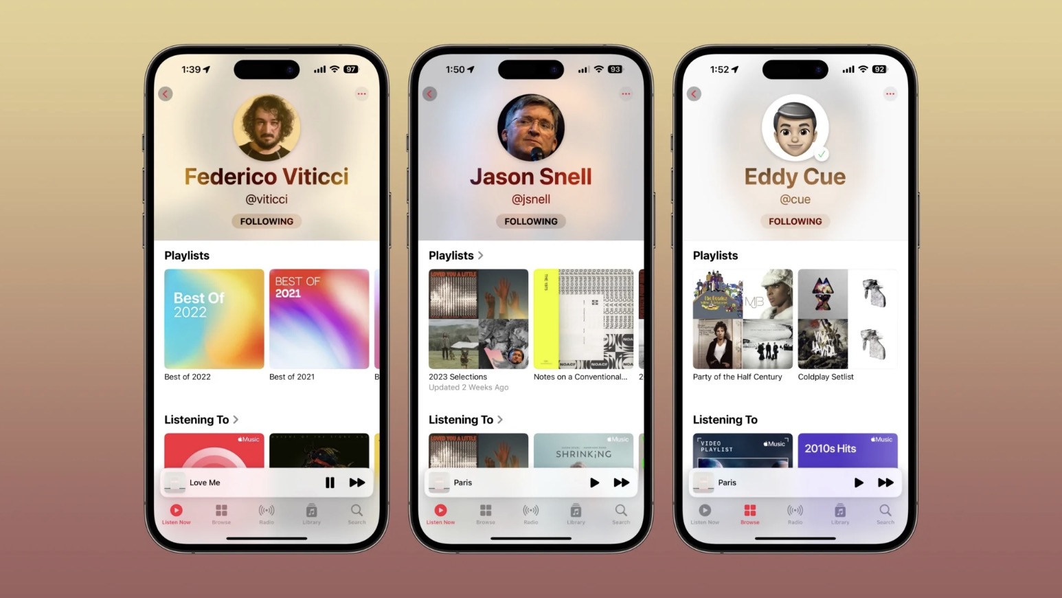 Czego słuchają Twoi znajomi? Poznaj ukrytą funkcję Apple Music w iOS 17 ciekawostki zwykli ludzie, wersja beta, Ukryta sieć społecznościowa, system operacyjny iOS 17, subskrybowanie, śledzenie muzyki, publiczne listy odtwarzania, prywatnosc, profil użytkownika, popularne serwisy muzyczne, ogólne playlisty, Odkrywanie Muzyki, iOS 17, funkcje mediów społecznościowych, fan Coldplay, Eddie Cue, Apple music  Użytkownicy, którzy zainstalowali wersję beta systemu iOS 17, odkryli funkcję, o której Apple milczy - ukrytą sieć społecznościową w Apple Music. AM 2