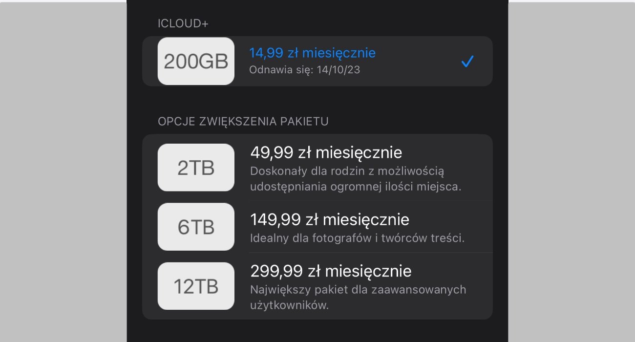 Nowe pakiety iCloud+ 6 TB i 12 TB dostępne. Zobacz ile kosztują w Polsce ciekawostki Zarządzanie danymi, Ukryj Mój Email, Udostępnianie Rodzinne, twórcy treści, przechowywanie danych, Private Relay, Poziom Profesjonalny, Polska, Plany iCloud, Magazynowanie w Chmurze, iCloud, HomeKit Secure Video, Domeny Email, ceny, Apple  Apple wprowadziło dziś do oferty dwa kolejne pakiety iCloud+, które zostały zaprezentowane podczas ostatniego wydarzenia dotyczącego iPhone'ów. icloud