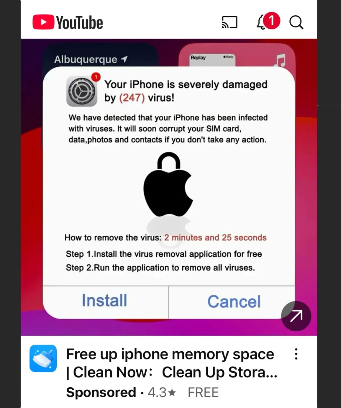 Reklama udająca ostrzeżenie iOS. Nie daj się oszukać! falszywa reklama youtube - Reklama udająca ostrzeżenie iOS. Nie daj się oszukać!